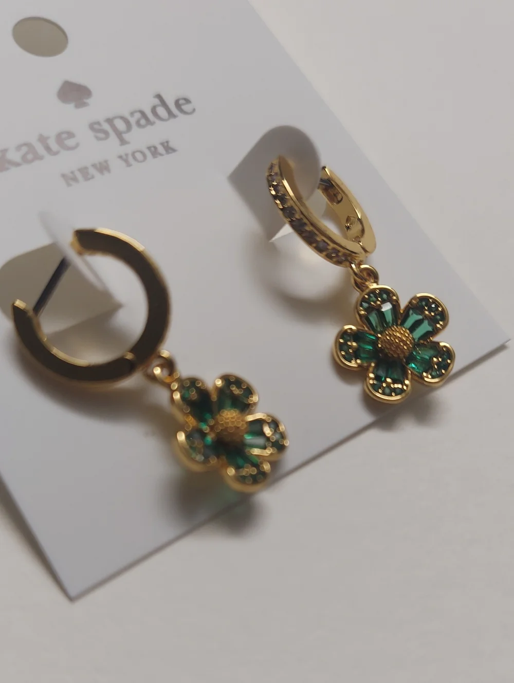 Kate Spade Gold Hoop Earrings with  Green Crystal Flower Charms New